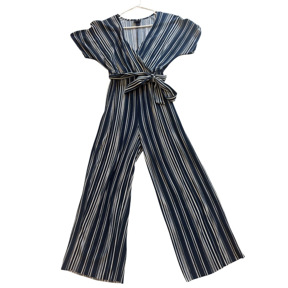 Daytrip Jumpsuit Women Small Blue White Striped Good V-Neck Wide Leg Belted